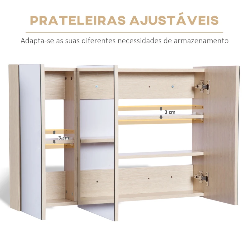 kleankin Armário Casa de Banho com Espelho 3 Portas e Prateleiras Ajustáveis Estilo Moderno 90x60x13,5 cm Carvalho