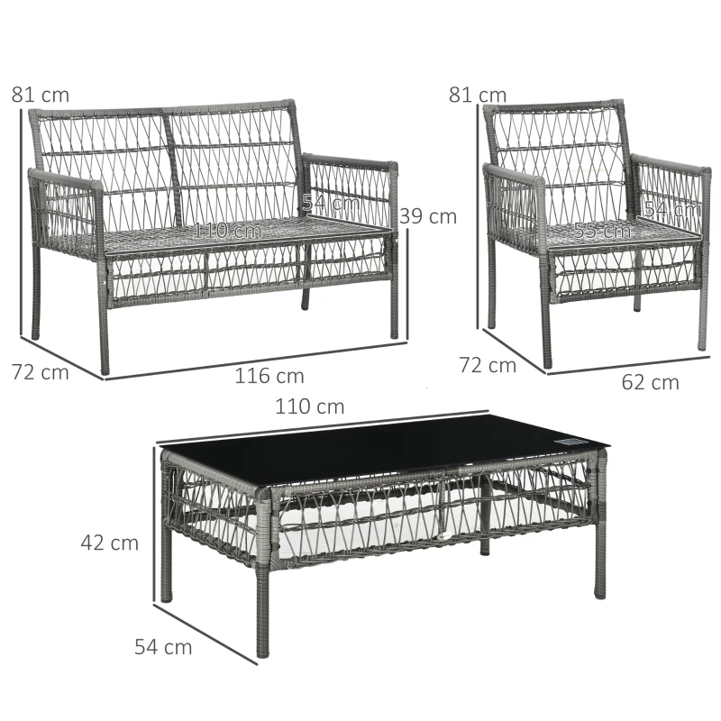 Outsunny Ensemble salon de jardin 4 pièces canapé 2 places 2 fauteuils 1 table basse avec 8 coussins métal résine aspect rotin