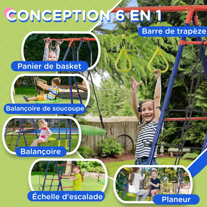 Outsunny Balançoire enfant extérieur portique 5 agrès + panier de basket dim. 4,35L x 1,35l x 1,77H m PE oxford acier époxy