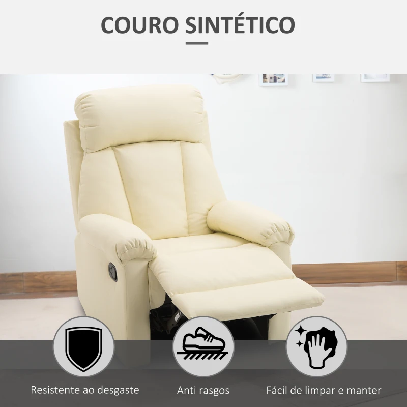 HOMCOM Poltrona Relax Reclinável Estofado em PU Poltrona de Sala de Estar com Apoio para os Pés Retrátil Encosto Alto Apoio para os Braços e Assento Acolchoado Grosso 80x97x107cm Bege