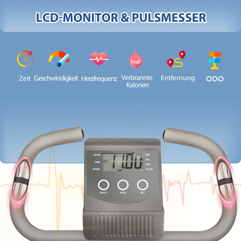 HOMCOM hometrainer 2-in-1 fietstrainer LCD display opvouwbare hometrainer hometrainer met 8 niveaus instelbare magnetische weerstand en 1 paar spankoorden staalgrijs 97x51x115 cm