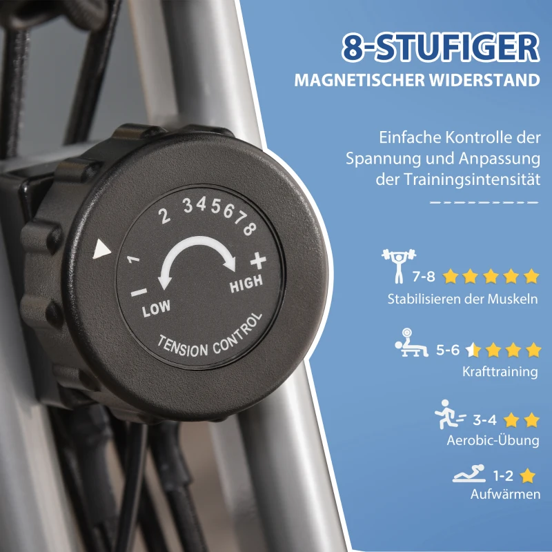 HOMCOM hometrainer 2-in-1 fietstrainer LCD display opvouwbare hometrainer hometrainer met 8 niveaus instelbare magnetische weerstand en 1 paar spankoorden staalgrijs 97x51x115 cm