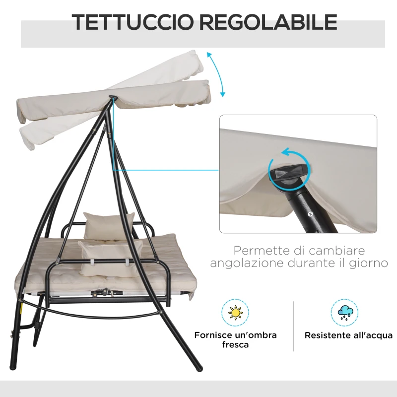 Outsunny Dondolo da Giardino 3 Posti con Tetto Reclinabile Trasformabile Letto in Poliestere Crema 209 x 114 x 170cm