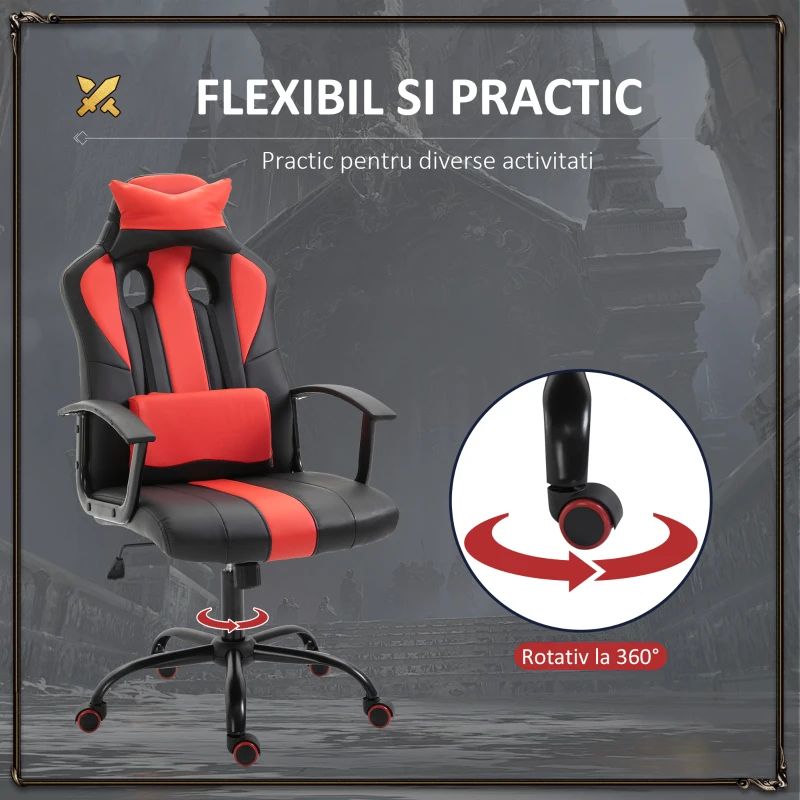 Vinsetto Scaun de Birou ergonomic Inaltime Reglabila cu Perna, Negru si Rosu, 66x64x116-126 cm