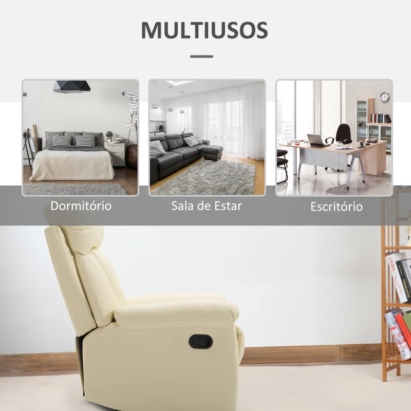 HOMCOM Poltrona Relax Reclinável Estofado em PU Poltrona de Sala de Estar com Apoio para os Pés Retrátil Encosto Alto Apoio para os Braços e Assento Acolchoado Grosso 80x97x107cm Bege