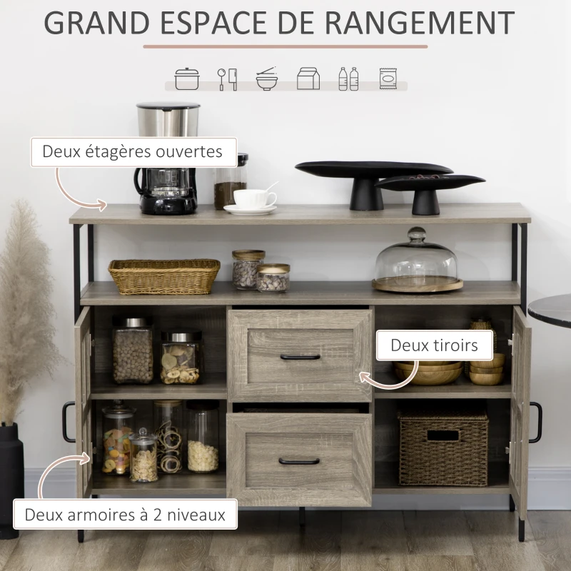 HOMCOM Buffet meuble de rangement 2 portes vitrées avec étagère 2 tiroirs grand plateau - dim. 121L x 40l x 87H cm