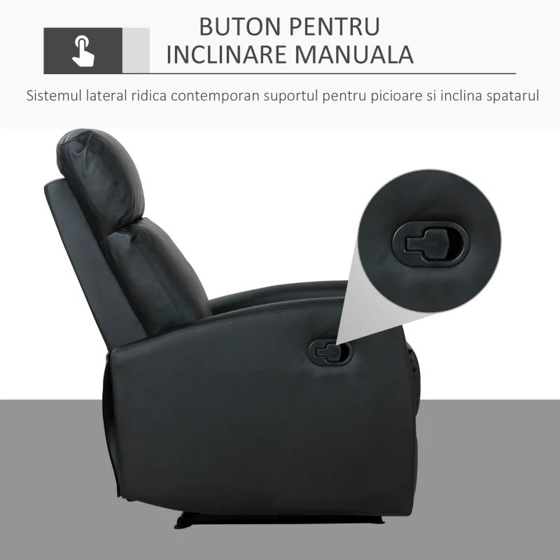 HOMCOM Fotoliu Relax Rabatabil Ergonomic Piele Sintetica 65 × 92 × 100cm, Negru