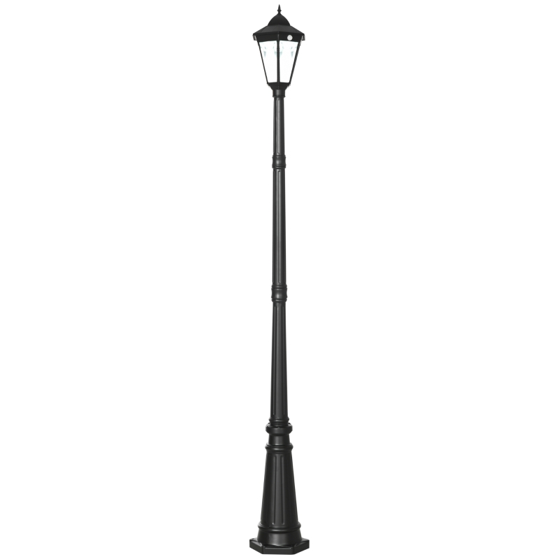 Outsunny 2.4 m Garden Lamp Post Light, LED Solar Powered Patio Path Lighting Lamp with Aluminium Frame, PIR Motion Sensor for Lawn, Pathway, Driveway, Black