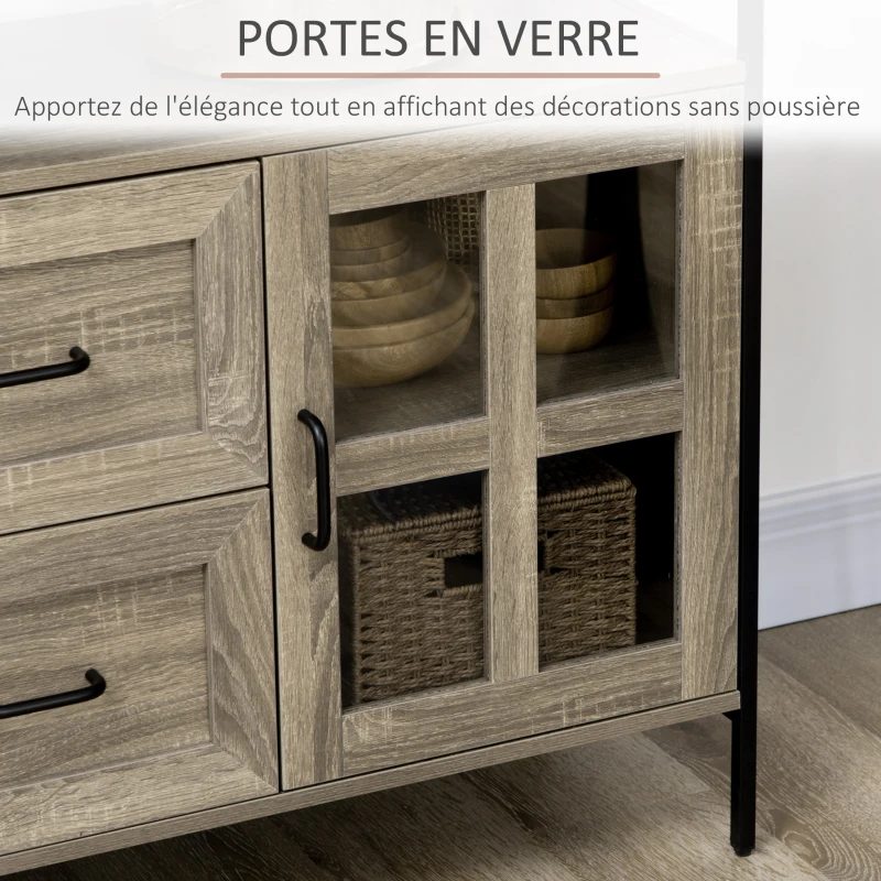 HOMCOM Buffet meuble de rangement 2 portes vitrées avec étagère 2 tiroirs grand plateau - dim. 121L x 40l x 87H cm