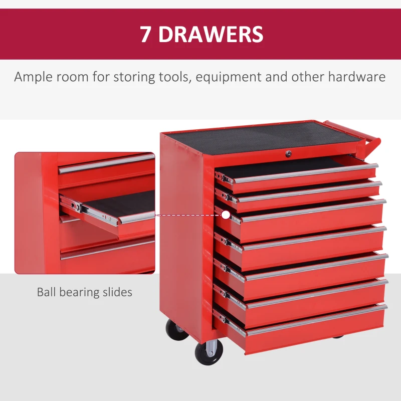 DURHAND 7-Drawer Rolling Tool Chest on Wheels, Lockable Tool Cabinet with Side Handle, Metal Tool Box Trolley for Garage, Workshop, Red(m-4)