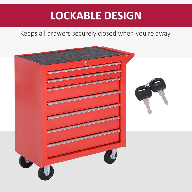 DURHAND 7-Drawer Rolling Tool Chest on Wheels, Lockable Tool Cabinet with Side Handle, Metal Tool Box Trolley for Garage, Workshop, Red(m-7)