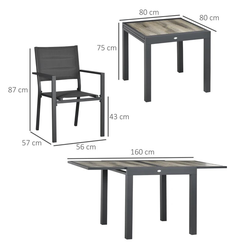 Outsunny Salon de jardin en aluminium et textilène table extensible 4 chaises empilables 4 personnes gris