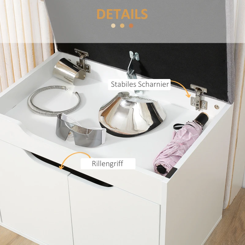 HOMCOM Schuhbank mit Schrank, aufklappbar, inkl. Sitzpolster, 60 cm x 40 cm x 50 cm, Weiß + Grau