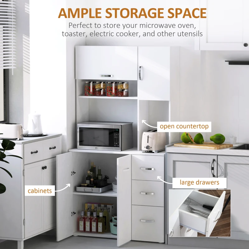 HOMCOM 66" Wood Kitchen Pantry Storage Cabinet Microwave Oven Stand with Storage - White
