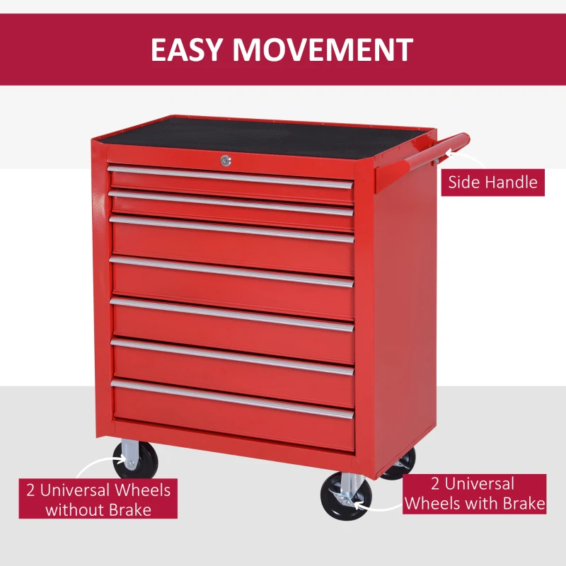 DURHAND 7-Drawer Rolling Tool Chest on Wheels, Lockable Tool Cabinet with Side Handle, Metal Tool Box Trolley for Garage, Workshop, Red(m-6)