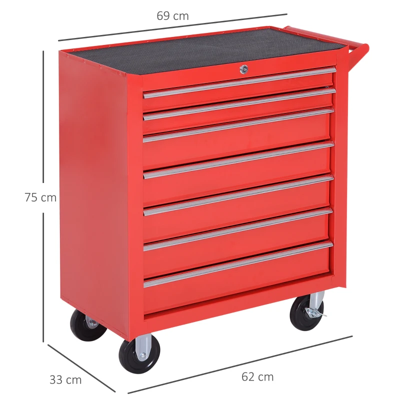 DURHAND 7-Drawer Rolling Tool Chest on Wheels, Lockable Tool Cabinet with Side Handle, Metal Tool Box Trolley for Garage, Workshop, Red(m-3)