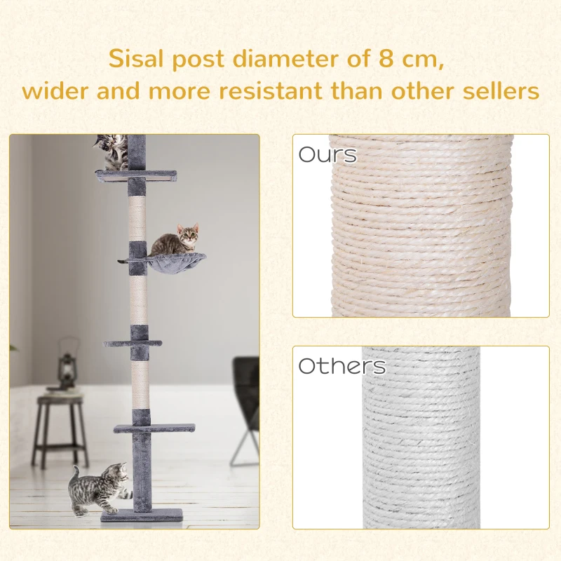Pawhut Floor to Ceiling Cat Tree 5-Tier Kitty Tower Climbing Activity Center Scratching Post Adjustable Height 230-260cm Grey