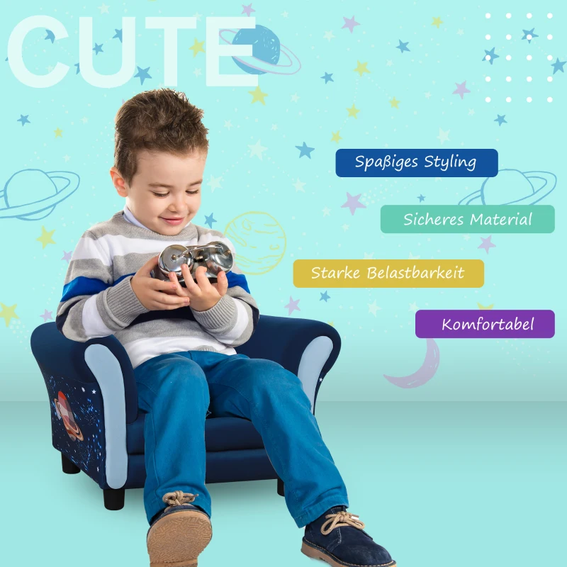 HOMCOM Kindersessel, Kindersofa,Kinderzimmer Sofa, Mini-Sofa-Sessel mit Holzstruktur und Kunststoff rutschfeste Füße, Polyester, Blau, 59,5 x 43 x 46,5 cm