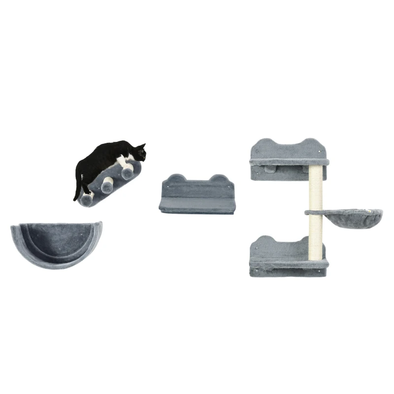 PawHut 4PCs Wall-Mounted Cat Shelves w/ Scratching Post, Hammock, Nest - Grey
