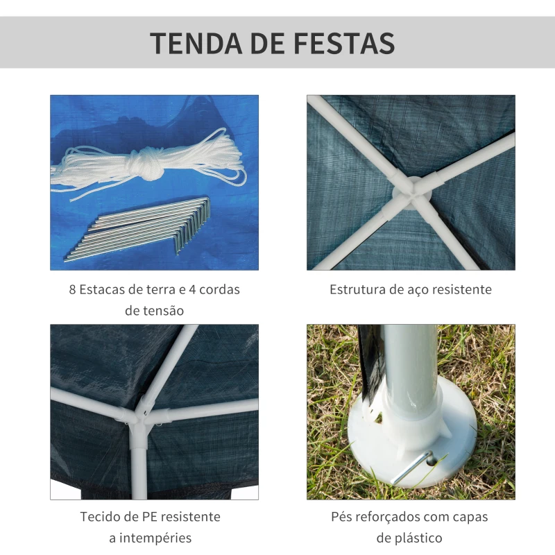 Outsunny Tenda de Jardim Tenda de Exterior com Tubos de Aço e Cobertura de PE para Eventos Campismo Festas 295x295x245 cm Azul