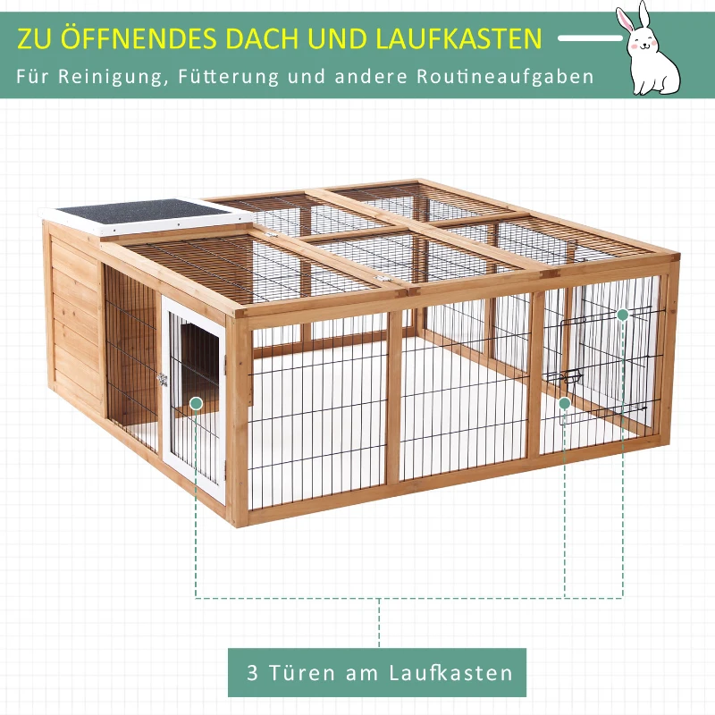 PawHut Kleintierstall mit Freigehege, aufklappbares Dach, wetterbeständig, 123 cm x 120 cm x 52 cm, Braun