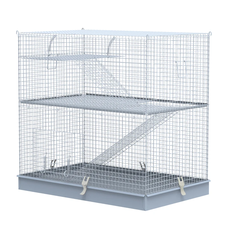 Pawhut 3-Level Metal Small Animal Cage Bunny Pet Hutch Ferret Platform Feeding Habitat Easy Clip Base Ladder Grey