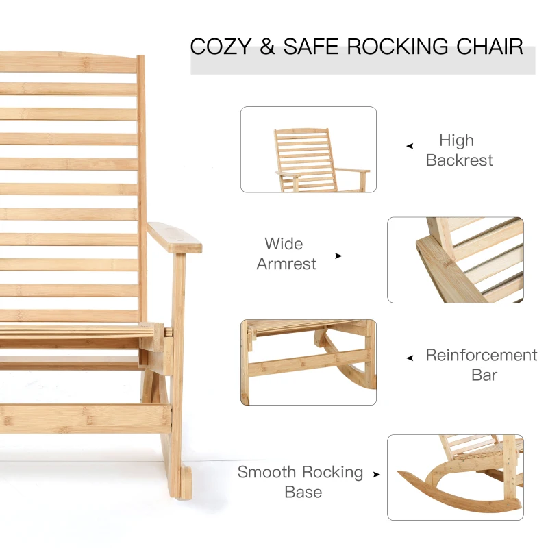 Outsunny Patio Rocking Chair Non-slip Porch Rocker for Balcony Garden Terrace Bamboo Plywood Natural