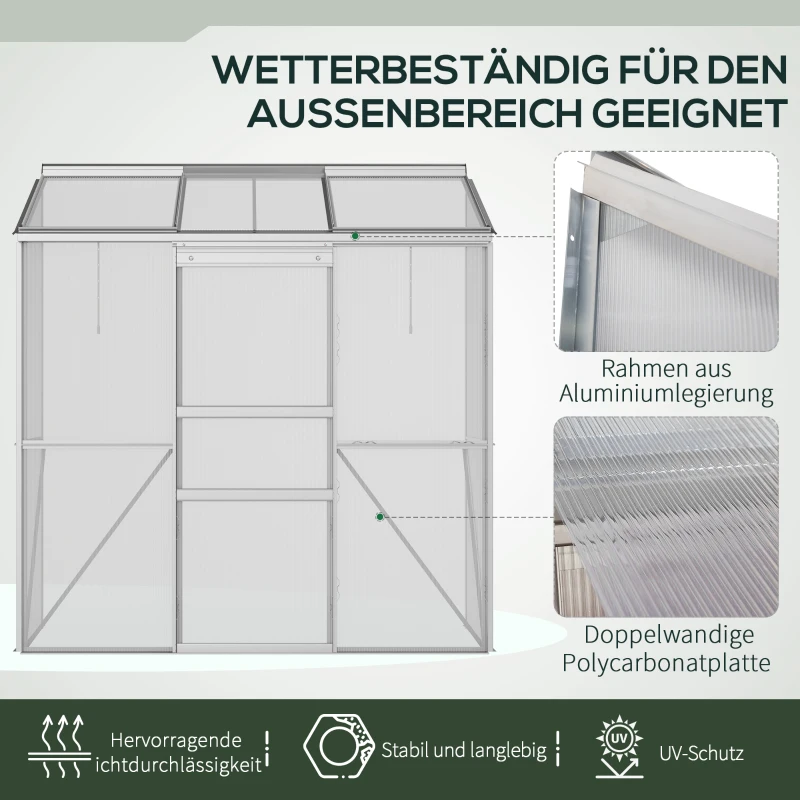 Outsunny Anlehngewächshaus, Schiebetür, Dachfenster, Polycarbonat+Aluminium, Farbe: Silber, 192 x 68 x 196 cm