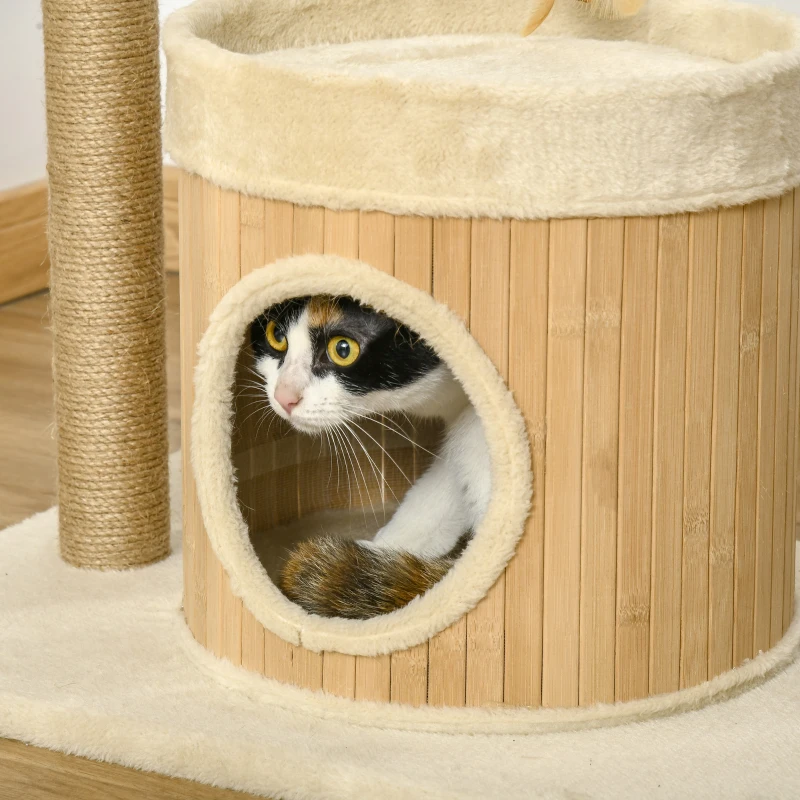 PawHut Arbre à chat niche maison pour chat cabane chat griffoirs grattoir jute jeu boules suspendues plateforme ronde dim. 60L x 40l x 60H cm - beige