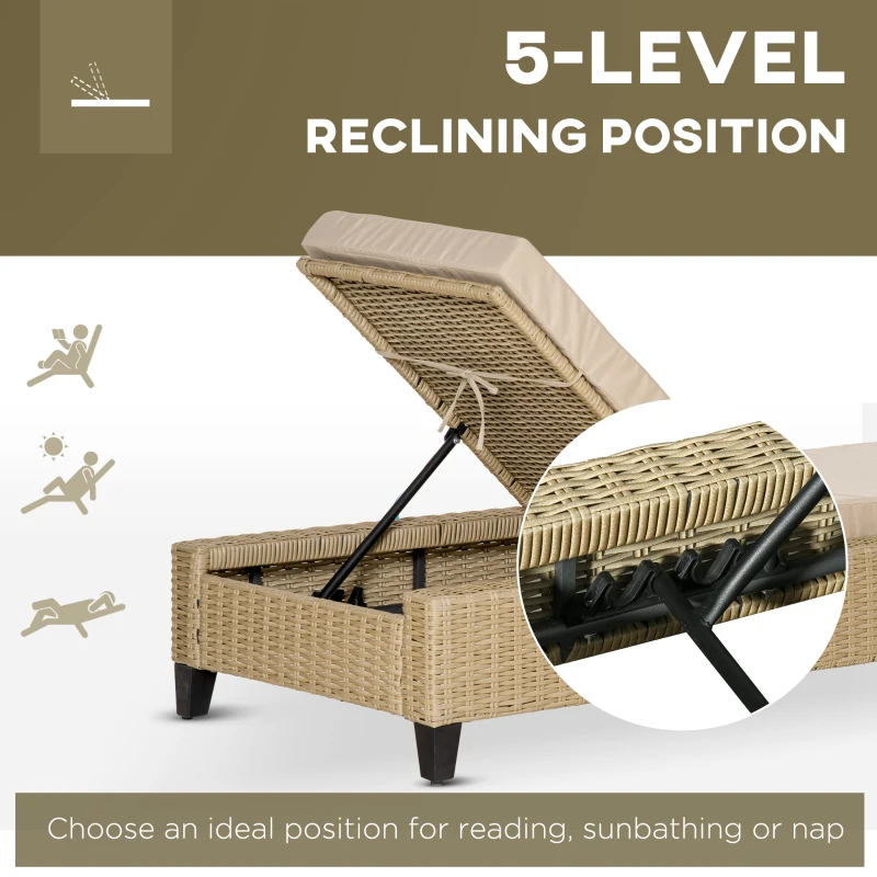 Outsunny Patio Chaise Lounge Chair Outdoor Rattan Furniture w/ Padded Cushion All Weather Recliner 5-Position Adjustable for Garden Poolside Balcony Cream