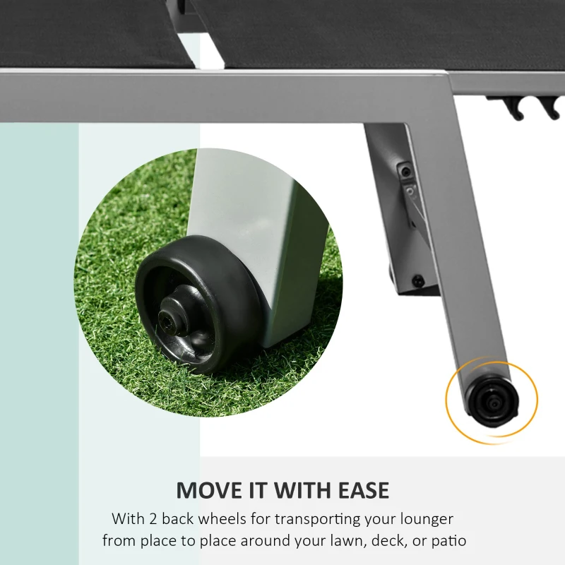 Outsunny Textilene Chaise Lounge Recliner Chair w/Adjustable Backrest Sun Bed Lounger w/ Wheels Patio Furniture Black and Grey