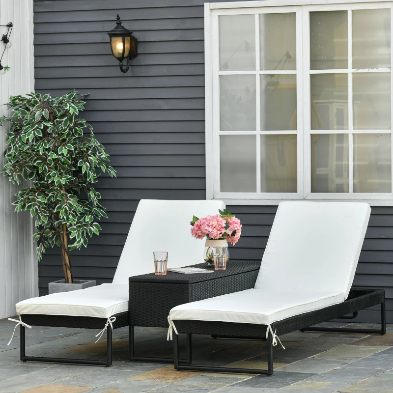 Outsunny 3 Piece Rattan Wicker Adjustable Chaise Lounge Chair with Cushions Set- Black/Cream White