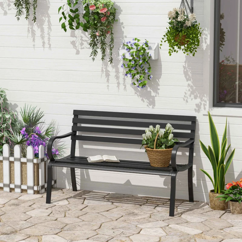 Outsunny Garden Bench Porch Chair Outdoor Park Loveseat Steel Black Patio