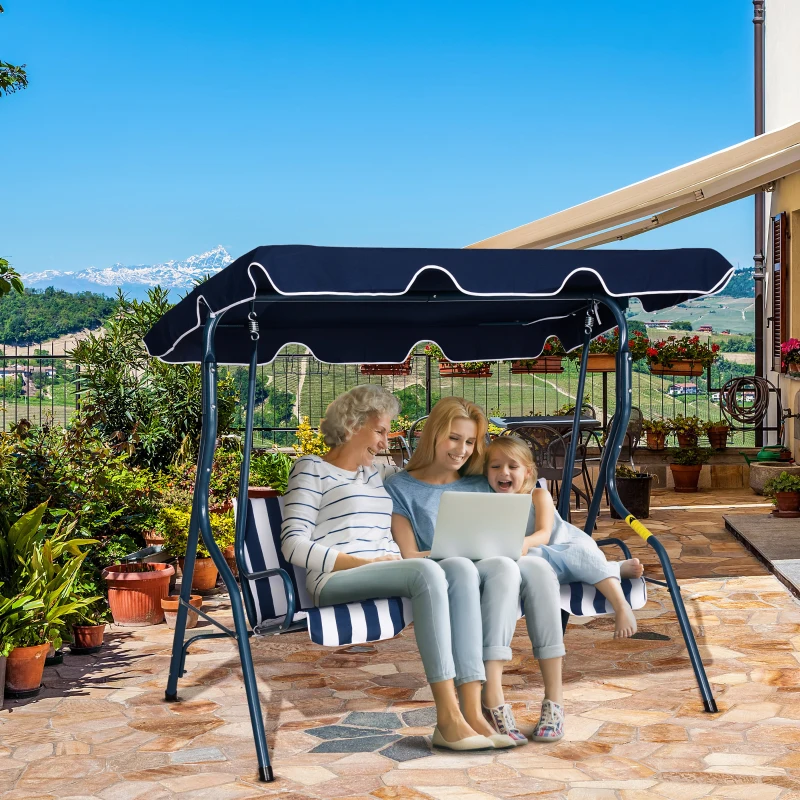 Outsunny 3 Seater Canopy Swing Chair Outdoor Garden Bench with Adjustable Canopy and Metal Frame - Blue Stripes