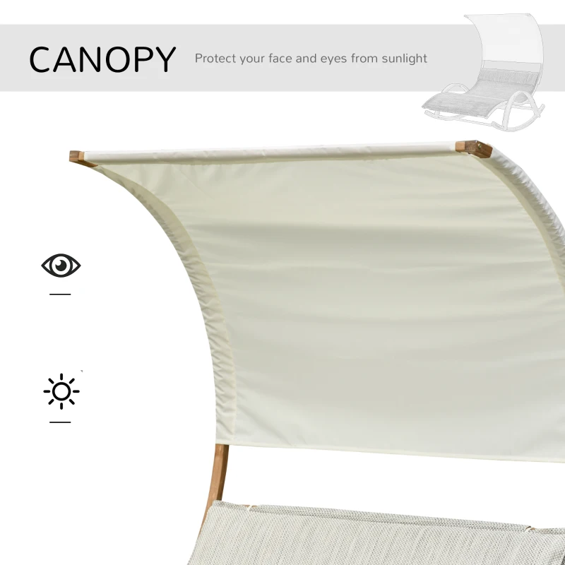 Outsunny Patio Double Chaise Rocking Wood Larch Hammock w/ Canopy Shade and Headrest Sun Lounger Indoor&Outdoor, Beige