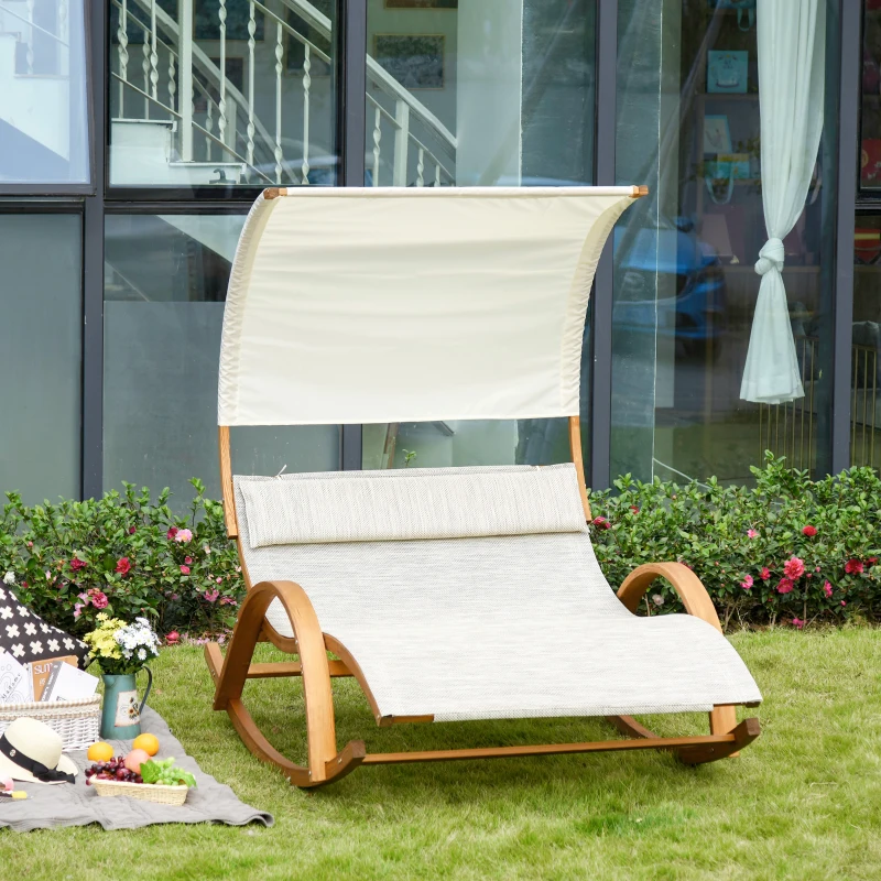 Outsunny Patio Double Chaise Rocking Wood Larch Hammock w/ Canopy Shade and Headrest Sun Lounger Indoor&Outdoor, Beige