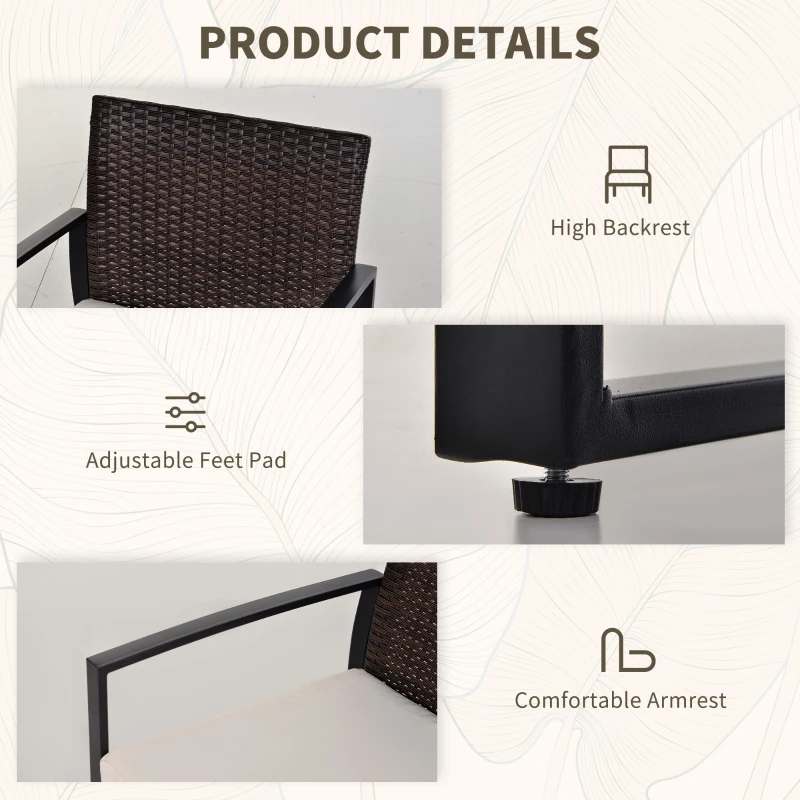 Outsunny 3pc Patio Rattan Wicker Coffee Table Set Outdoor Garden Chair Table Set with Cushion, Mixed Brown