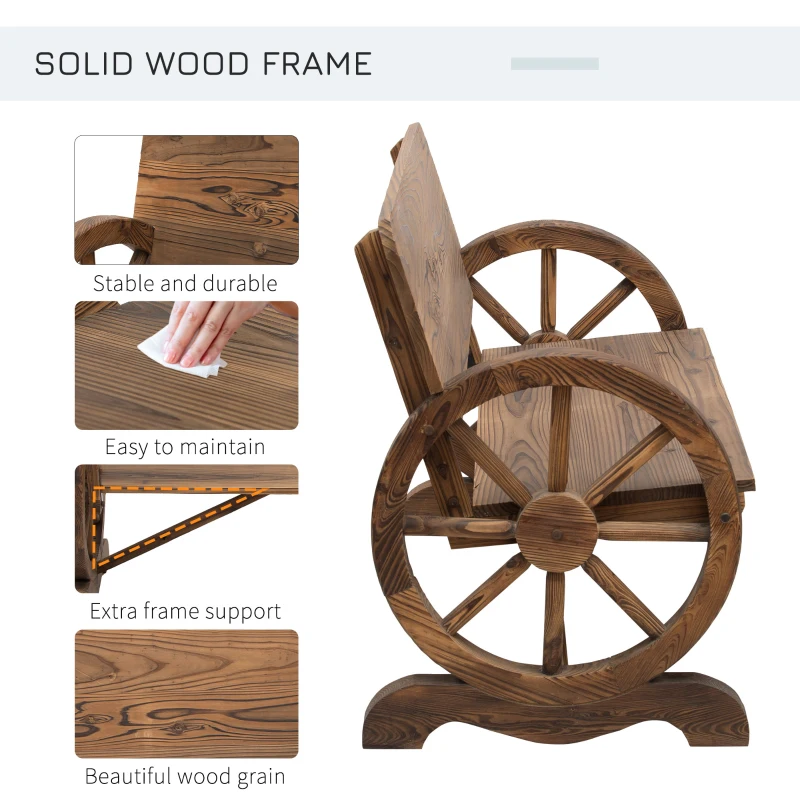 Outsunny Wooden Cart Wagon Wheel 2 Seater Garden Bench Outdoor Chair Rustic High Back Loveseat Burnt Stained