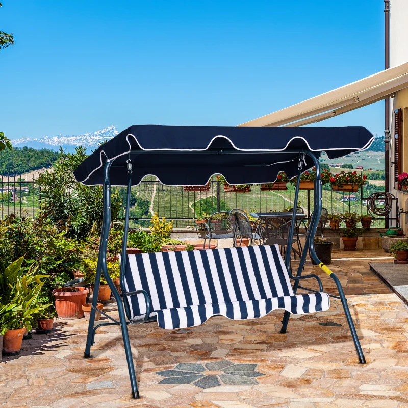 Outsunny 3 Seater Canopy Swing Chair Outdoor Garden Bench with Adjustable Canopy and Metal Frame - Blue Stripes