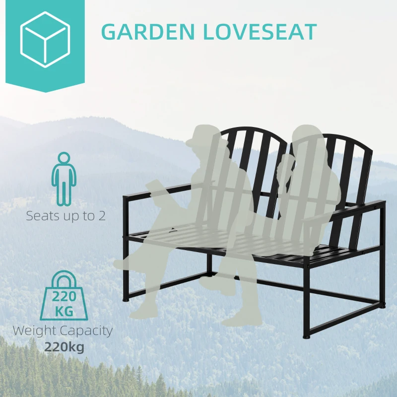 Outsunny Garden Bench Loveseat 2 Seat for Outdoor Park, Yard, Steel Frame, Decorative Slatted Design, Black