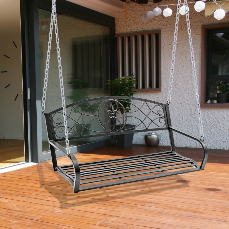 OUTSUNNY Fleur-De-Lis 2-person Porch Swing Garden Hanging Bench Outdoor Steel -Black