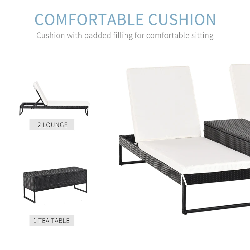 Outsunny 3 Piece Rattan Wicker Adjustable Chaise Lounge Chair with Cushions Set- Black/Cream White