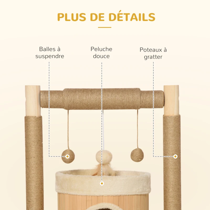 PawHut Arbre à chat niche maison pour chat cabane chat griffoirs grattoir jute jeu boules suspendues plateforme ronde dim. 60L x 40l x 60H cm - beige