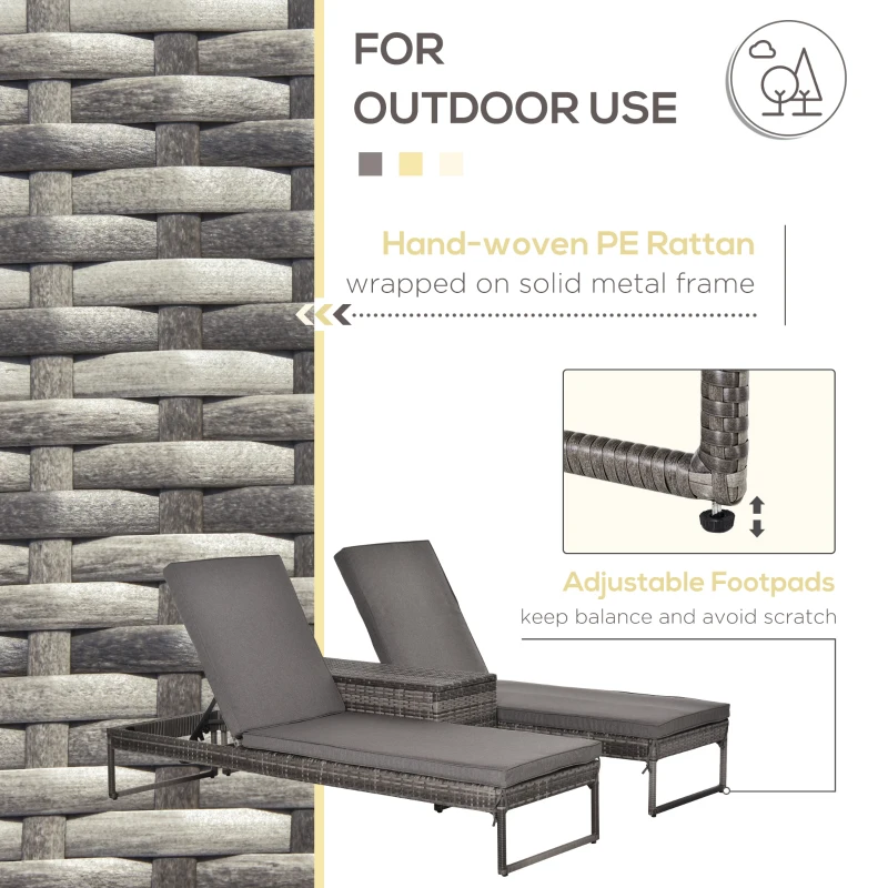 Outsunny 3 Piece Rattan Wicker Adjustable Chaise Lounge Chair with Cushions Set- Grey