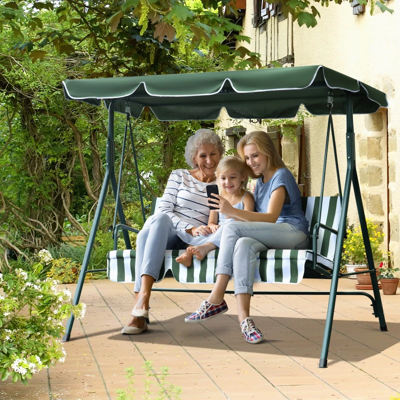 Outsunny 3 Seater Canopy Swing Chair Heavy Duty Outdoor Garden Bench with Sun Cover Metal Frame - Green