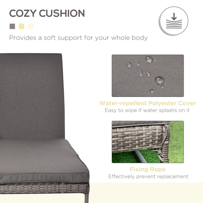 Outsunny 3 Piece Rattan Wicker Adjustable Chaise Lounge Chair with Cushions Set- Grey