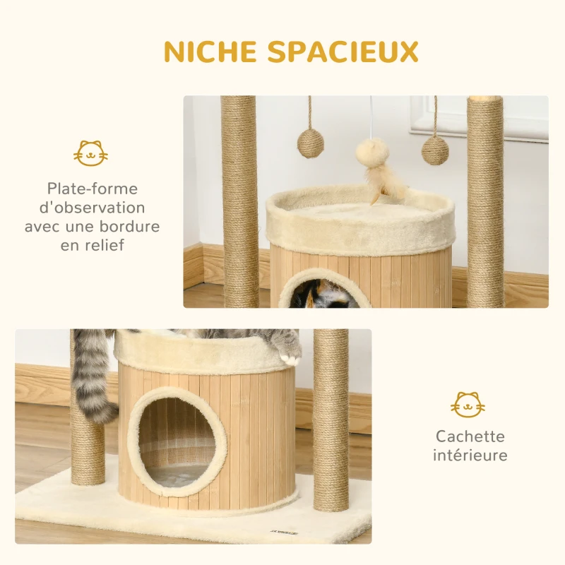 PawHut Arbre à chat niche maison pour chat cabane chat griffoirs grattoir jute jeu boules suspendues plateforme ronde dim. 60L x 40l x 60H cm - beige