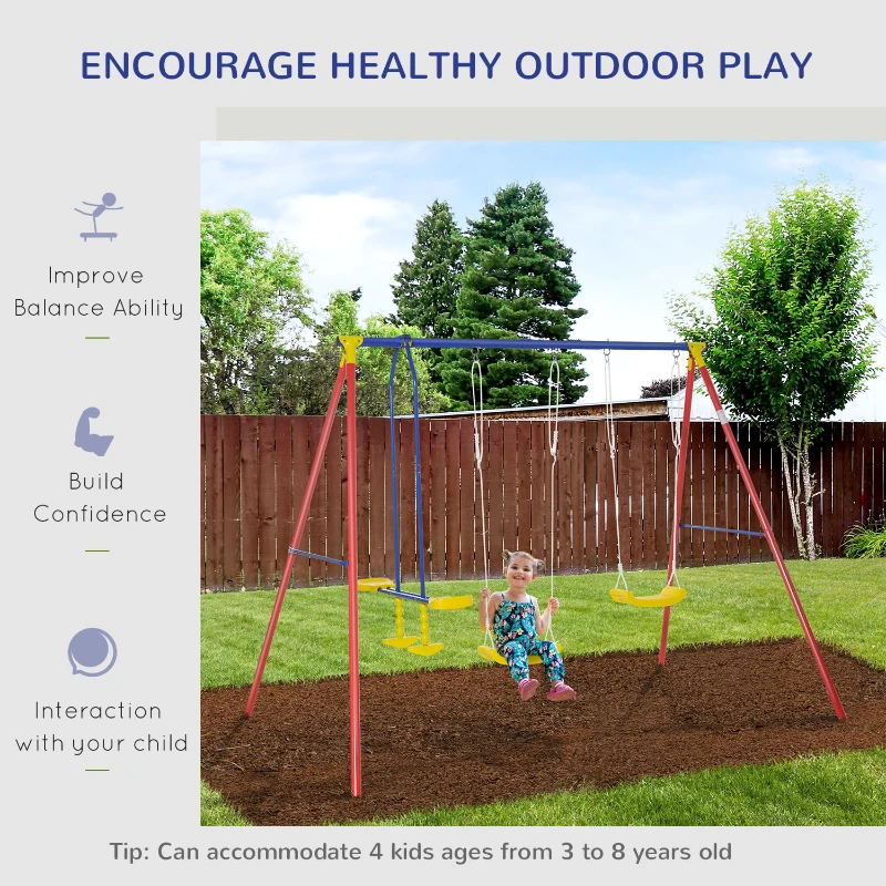 Outsunny Metal Swing Set with 2 Seats Glider A-Frame Stand Adjustable Hanging Rope for Backyard Playground Outdoor Playset for Kid Age 3-5 Years Old 352lbs