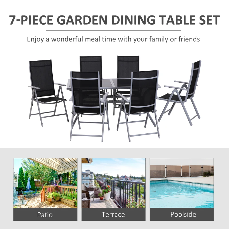 Outsunny Outdoor Patio Garden Texteline Dining Furniture Set with 6 Folding Chairs Plus Table - Black (7-Piece)