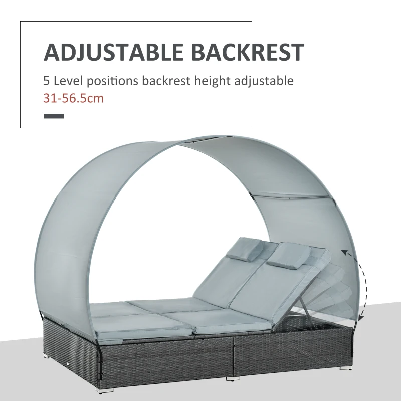 Outsunny Double Rattan Wicker Adjustable Chaise Lounge Chair w/ Removable Canopy and Cushions Grey